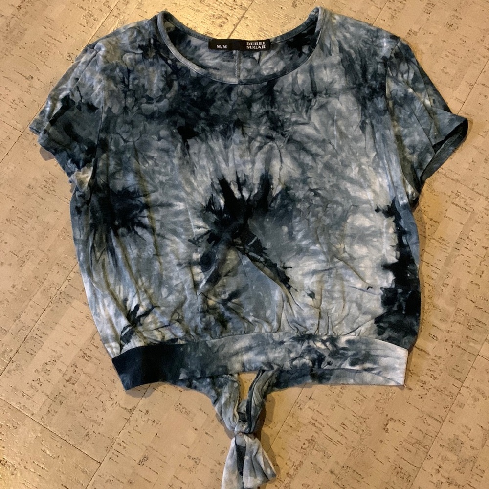 Girls Navy Blue Tie Dye Short Sleeve Open Slit Back Short Sleeve Top (si…